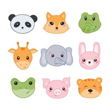 Cute baby animal with face cartoon. Vector illustration in hand-drawn style.