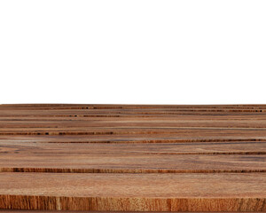 Wooden table with white background, empty desk, perspective view, wood board
