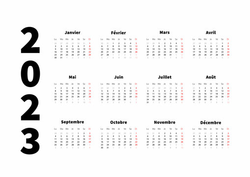 2023 year simple horizontal calendar in french language, typographic calendar isolated on white