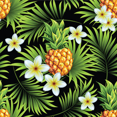 Pineapples with palm trees. Seamless pattern with ripe fresh tropical fruits and branches and leaves of tropical tree plant for print, web design, textile. Vector image. 