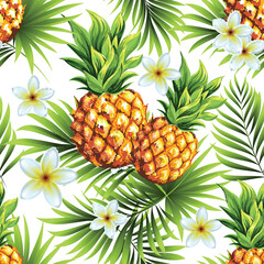 Pineapples with palm trees. Seamless pattern with ripe fresh tropical fruits and branches and leaves of tropical tree plant for print, web design, textile. Vector image. 