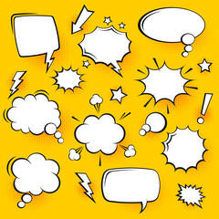 Blank comic speech bubbles with halftone shadows on yellow background. Hand drawn retro cartoon stickers. Pop art style. Vector illustration.