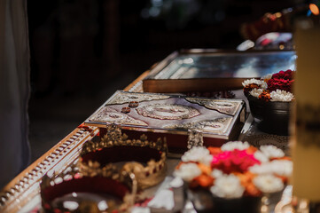 Traditional wedding crowns in a church. Wedding crown in church ready for marriage ceremony