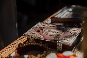Traditional wedding crowns in a church. Wedding crown in church ready for marriage ceremony