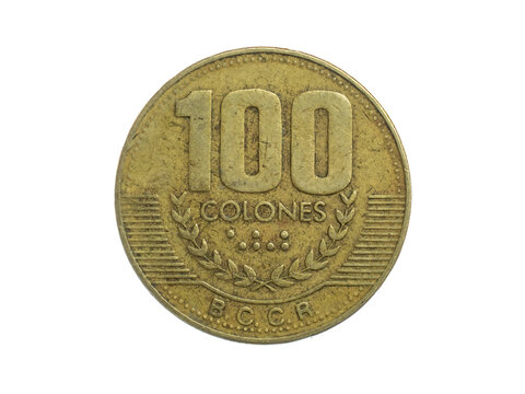 Costa Rica one hundred colones coin on a white isolated background