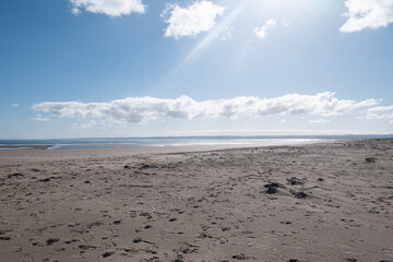 Beautiful sunny day on an empty sandy beach. Tentsmuir forest, Fife, coast of Scotland