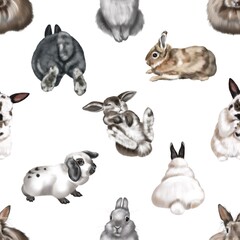 watercolor seamless pattern with rabbits. Realistic bunnies digital paper. Packaging for Easter