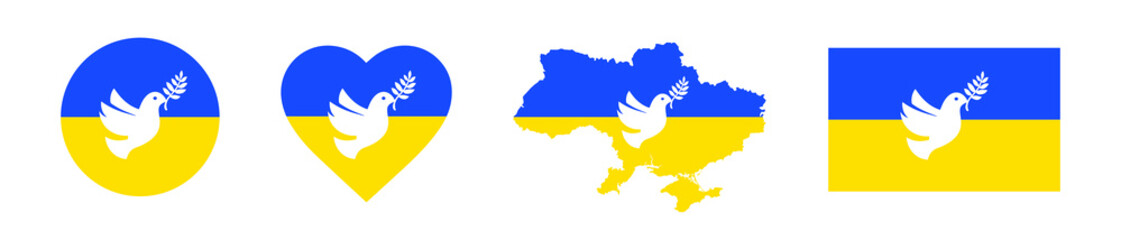 Stop war in Ukraine. Heart-shaped icon with Ukrainian flag. Borders of Ukraine with Ukraine flag. International protest. Flying peace dove with olive branch symbol. White pigeon. No war.