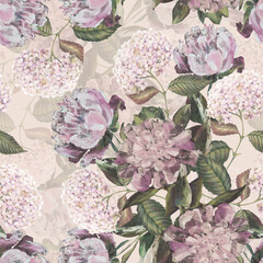 Flowers with leaves draw in colored pencils. Spring composition. Seamless pattern on milk background.