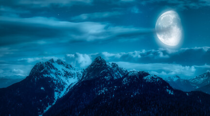 Naklejka na ściany i meble Magical Night Scene with Moon and Stars over the Rocky Mountain Landscape. Artistic Render. Aerial Nature Image from British Columbia, Canada.