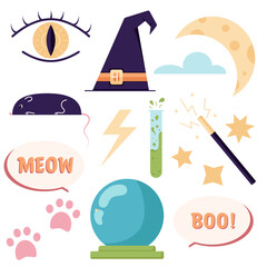A set of icons with occult objects and symbols, an all-seeing eye, a witchs hat, a test tube with a potion and other mystical things. Mysticism, Halloween set, spiritualism, magic.Vector illustration