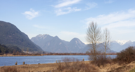 Scenic Nature Mountain Landscape View by Pitt River during a sunny winter day. Taken in Pitt Meadows, Vancouver, British Columbia, Canada.