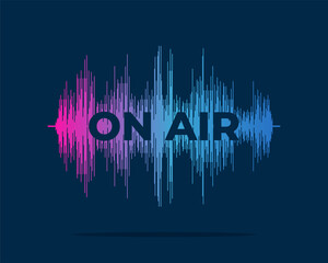 On air live streaming broadcast advertising banner concept. Radio podcasting and broadcasting studio poster design. Podcast inscription on equalizer sound wave. Vector eps illustration