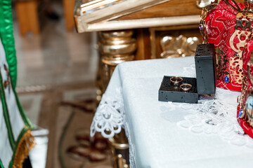 Traditional wedding crowns in a church. Wedding crown in church ready for marriage ceremony