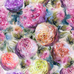 Beautiful colorful roses on blurred watercolor background. Seamless floral pattern. Watercolor painting. Hand drawn illustration. Can be used as fabric, wallpaper design