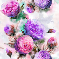 Beautiful purple roses  flowers with green leaves on  background. Seamless floral pattern. Watercolor painting. Hand drawn illustration.