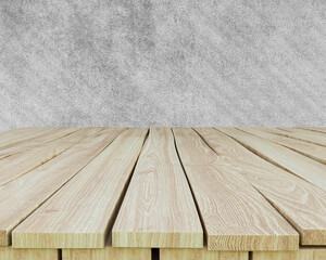 Wooden table with concrete background, empty desk, perspective view, wood board