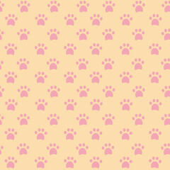 Seamless pattern with traces of cats paws, witchs familiar, mica nap on a yellow background. Vector illustration