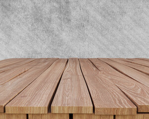 Wooden table with concrete background, empty desk, perspective view, wood board