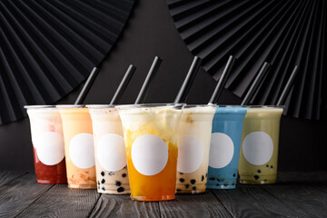 Taiwan milk tea with bubble on wood background