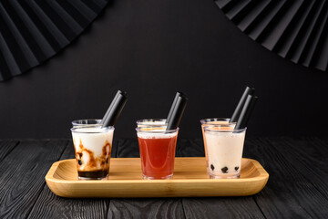 Taiwan milk tea with bubble on wood background