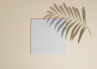 Light beige, pastel orange, 3D render minimal, simple top view flat lay product display background with one podium stand and palm leaf shadow for nature products