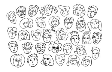 Set of people faces hand drawn in doodle style.Social network concept.Vector illustration.