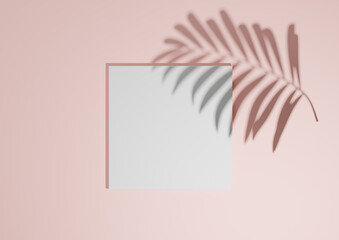 Pastel, light red, salmon pink, 3D render minimal, simple top view flat lay product display background with one podium stand and palm leaf shadow for nature products