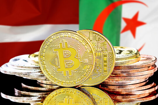 Bitcoins on Latvia and Algeria flag background