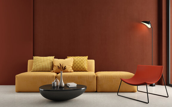 Modern Living Room Interior With Yellow Sofa And Red Wall.3d Rendering