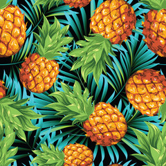 Palm. Seamless pattern with branches and leaves of tropical tree plant for print, web design, textile. Vector image. 