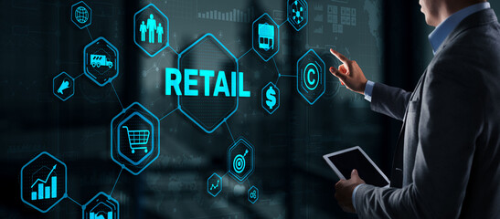 Retail concept marketing channels E-commerce Shopping automation on virtual screen