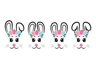 Obraz premium Vector design of collection of cartoon rabbit masks with gray and pink ears on white isolated background