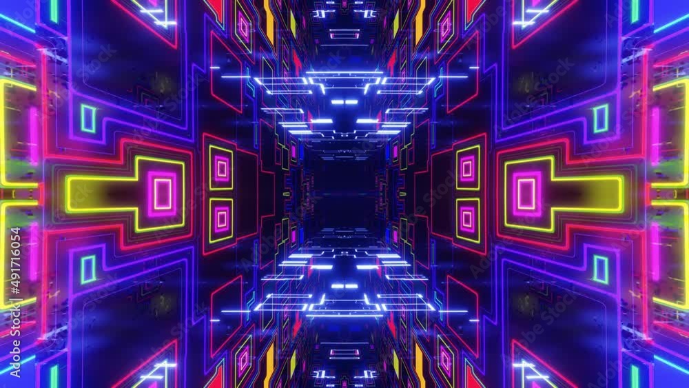 Poster fly through symmetrical technology cyberspace with neon glow. sci-fi flight through hi-tech technolo