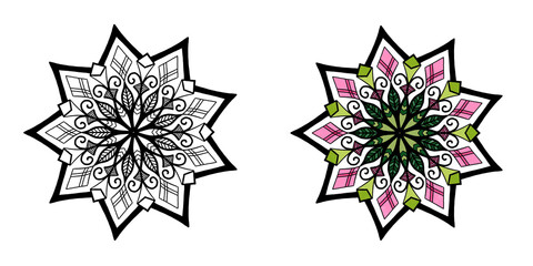 mandala ornament for coloring - outline and colored side by side