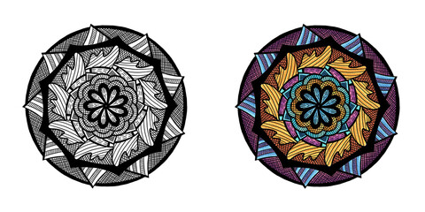 mandala ornament for coloring - outline and colored side by side