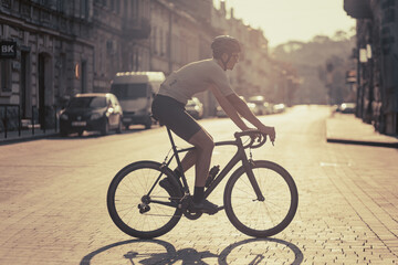 Fototapeta na wymiar Active man riding bike on street during morning time