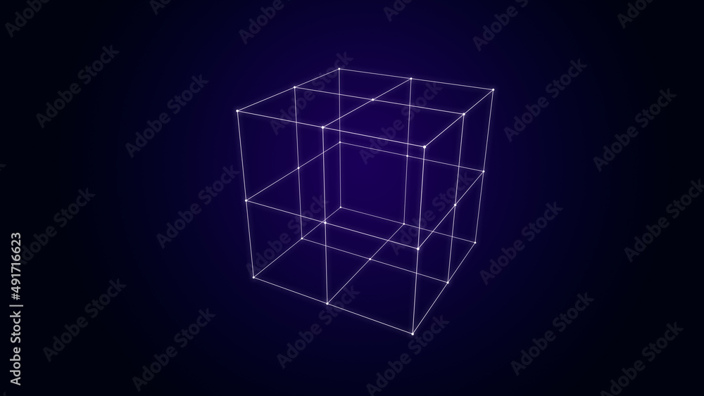 Poster abstract glowing cyber neon cube, 3d rendering laser light geometry background