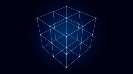 Abstract glowing cyber neon cube, 3d rendering laser light geometry background
