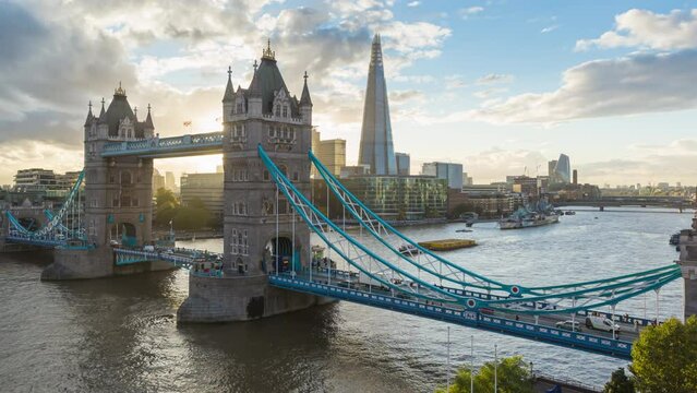 Day to night Time lapse of Tower Bridge and the Shard, River Thames, London, England, United Kingdom