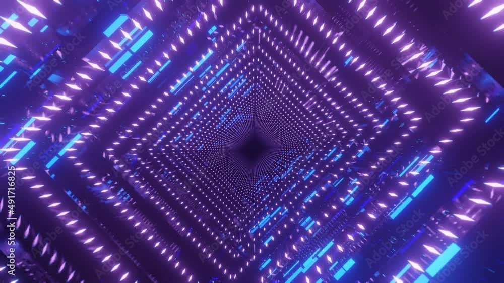 Aufkleber blue hologram. 4k seamless looped animation. fly through mirror tunnel with neon pattern, glow lines