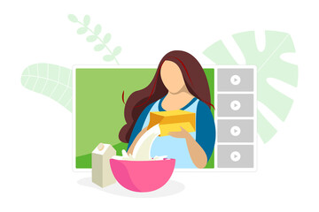 Video blogger making cooking meal content. Homemade bakery live stream tutorial. Woman cook preparing food in kitchen online streaming concept. Culinary influencer broadcast vlogger channel. Vector