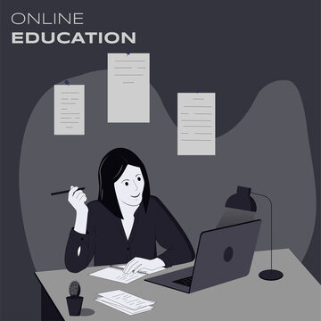 illustration on the topic of online training: a girl on a computer in dark tones