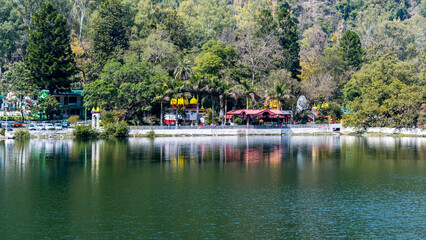 Fototapeta na wymiar Distand view of Renuka Ji Temple and Parshuram Tal (Lake) a popular Hindu religious site in Nahan, Himachal Pradesh