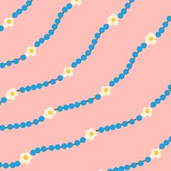 Beads strung on a string, garland, boho style set, necklace isolated on pink background. Flat design, vector illustration, hand drawn cartoon.