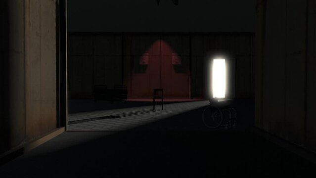 Horror cinematic scene in empty dark room with scary chair in the center, with flickering light and screamer in the end. High quality 4k footage