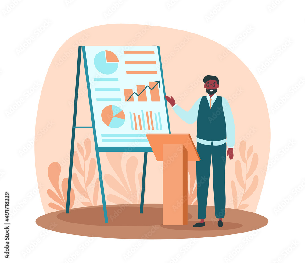 Poster scientist lecturer in classroom. university and work with statistics. analyst, public speaker. innov