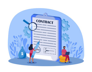 Signed contract concept. Magnifying glass on documents or paper. Notepad and notes. Internet deal metaphor, successful negotiations. Jurisprudence and lawyers. Cartoon flat vector illustration