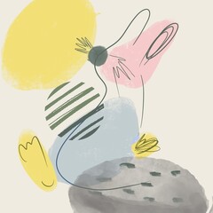 Abstract rabbit illustration. Animal minimalistic one line poster. Colorful pastel color circles. Hare silhouette with spots and strips. Good for Little girl’s interior picture