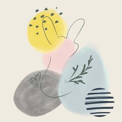 Line art. Abstract rabbit minimalistic one line illustration. Colorful pastel color circles. Hare silhouette with spots and strips. 